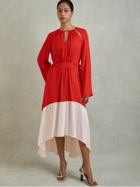 Reiss Red and Cream High-Low Fit-and-Flare Dress